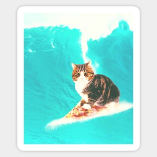 Kitty Cat Surfing Pizza Sticker